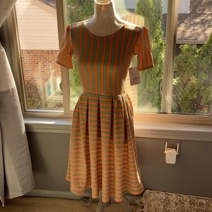 NWT Lularoe Amelia Dress - orange and teal stripe